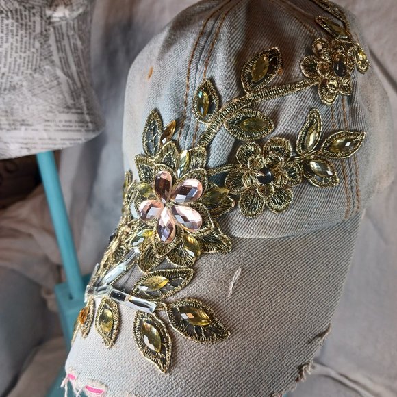 Natalie Mills Flora Rhinestone Baseball Cap Women's Hat Gray Distressed Denim - Picture 3 of 12